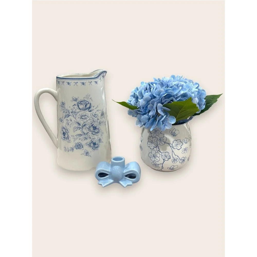 My Texas House Faux Hydrangeas Floral Vase, Blue White 9.5in • NWT